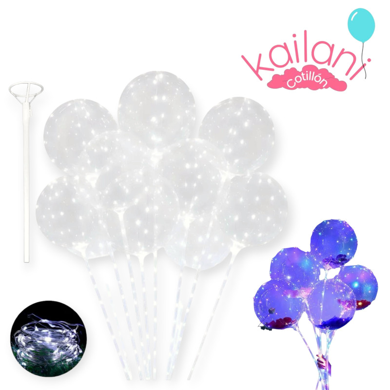 GLOBOS BURBUJA CRISTAL CON LUZ + PALITO *50U